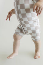 Latte Checkered Bamboo Shorty Baby Romper