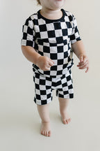 Black Checkered Bamboo Two Piece Pajama Shorts Set