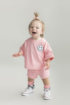Girls Pink Peach Smiley Shorts Set