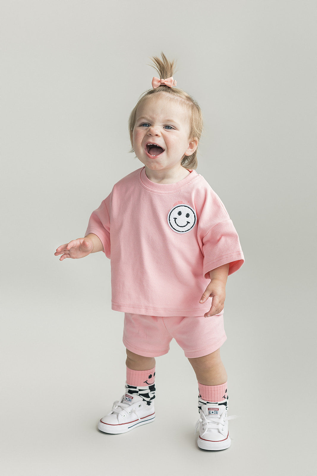 Girls Pink Peach Smiley Shorts Set