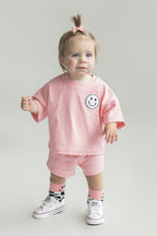 Girls Pink Peach Smiley Shorts Set