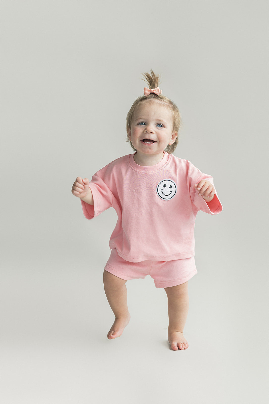 Girls Pink Peach Smiley Shorts Set
