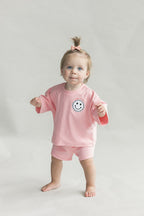 Girls Pink Peach Smiley Shorts Set