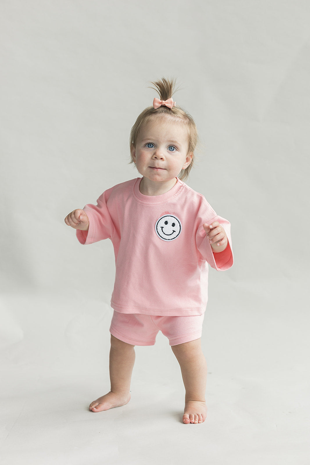 Girls Pink Peach Smiley Shorts Set
