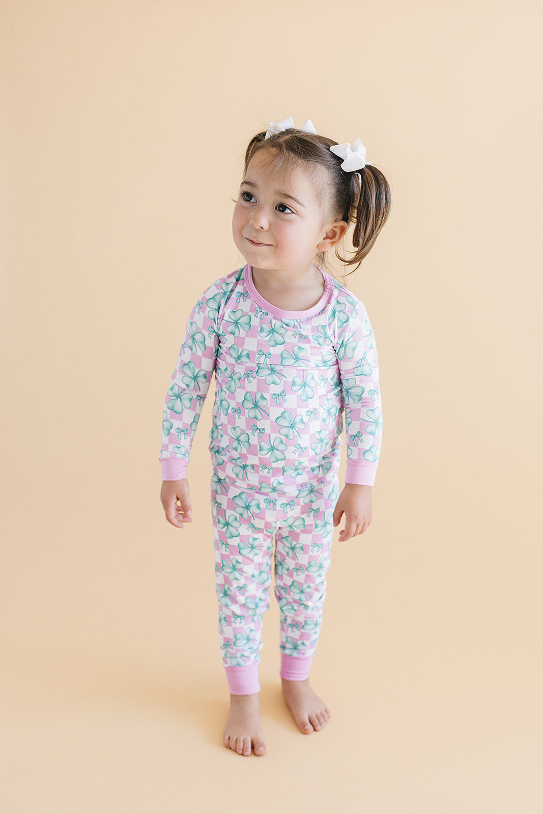 Girls Shamrock & Bows Bamboo Two Piece Pajama Set