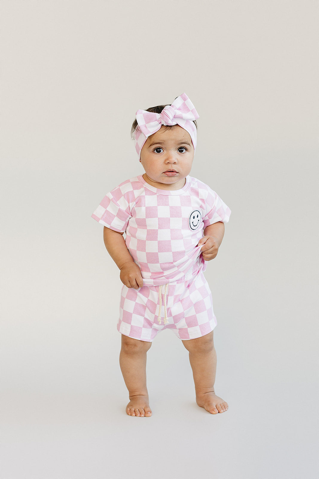 Girls Pink Checkered Shorts Set