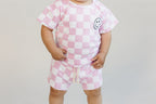 Girls Pink Checkered Shorts Set