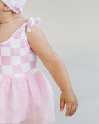 Girls Pink Checkered Tutu Romper