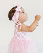 Girls Pink Checkered Tutu Romper