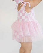 Girls Pink Checkered Tutu Romper