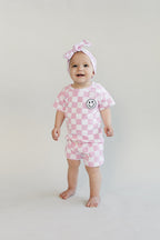 Girls Pink Checkered Shorts Set