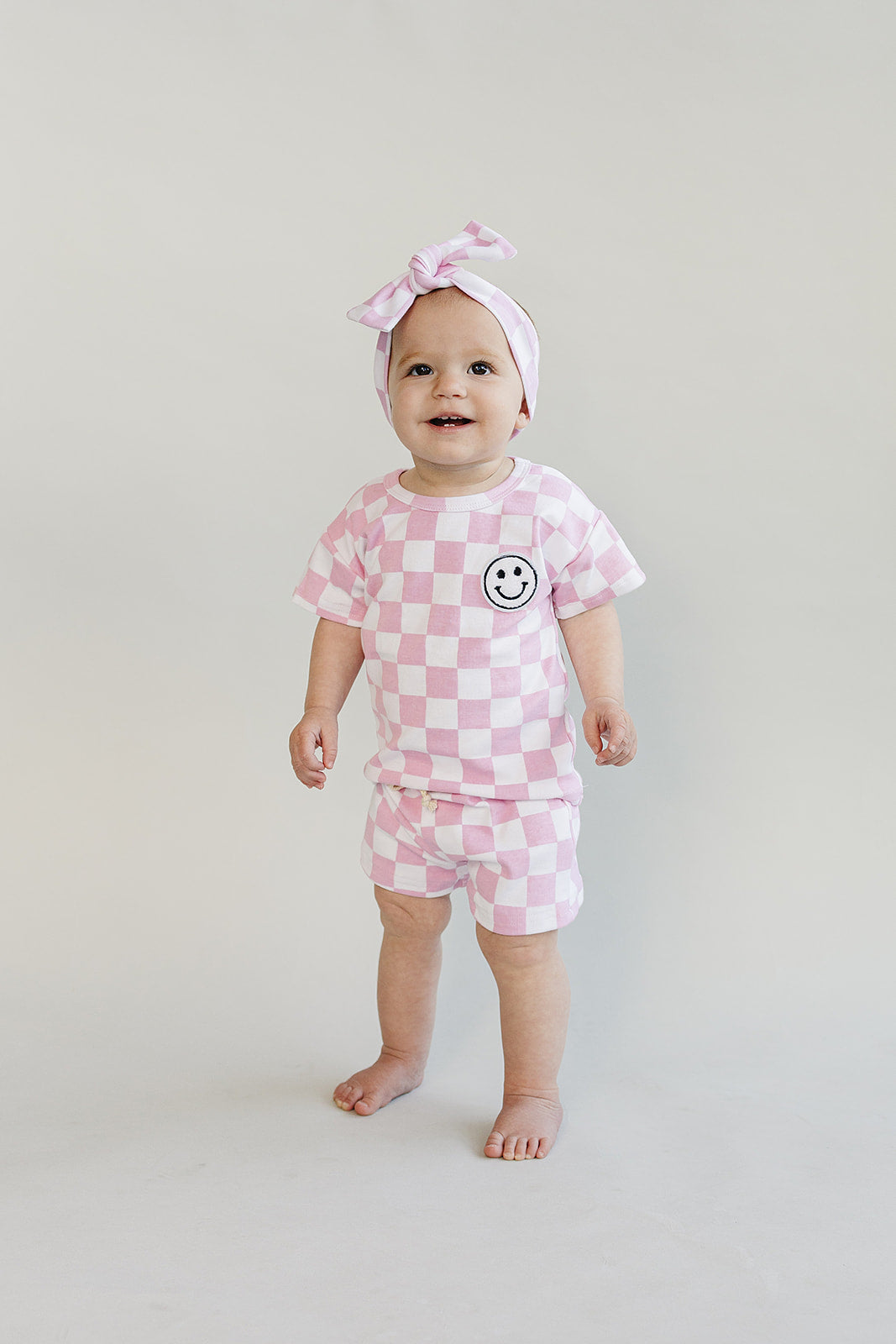 Girls Pink Checkered Shorts Set