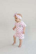 Girls Pink Checkered Shorts Set