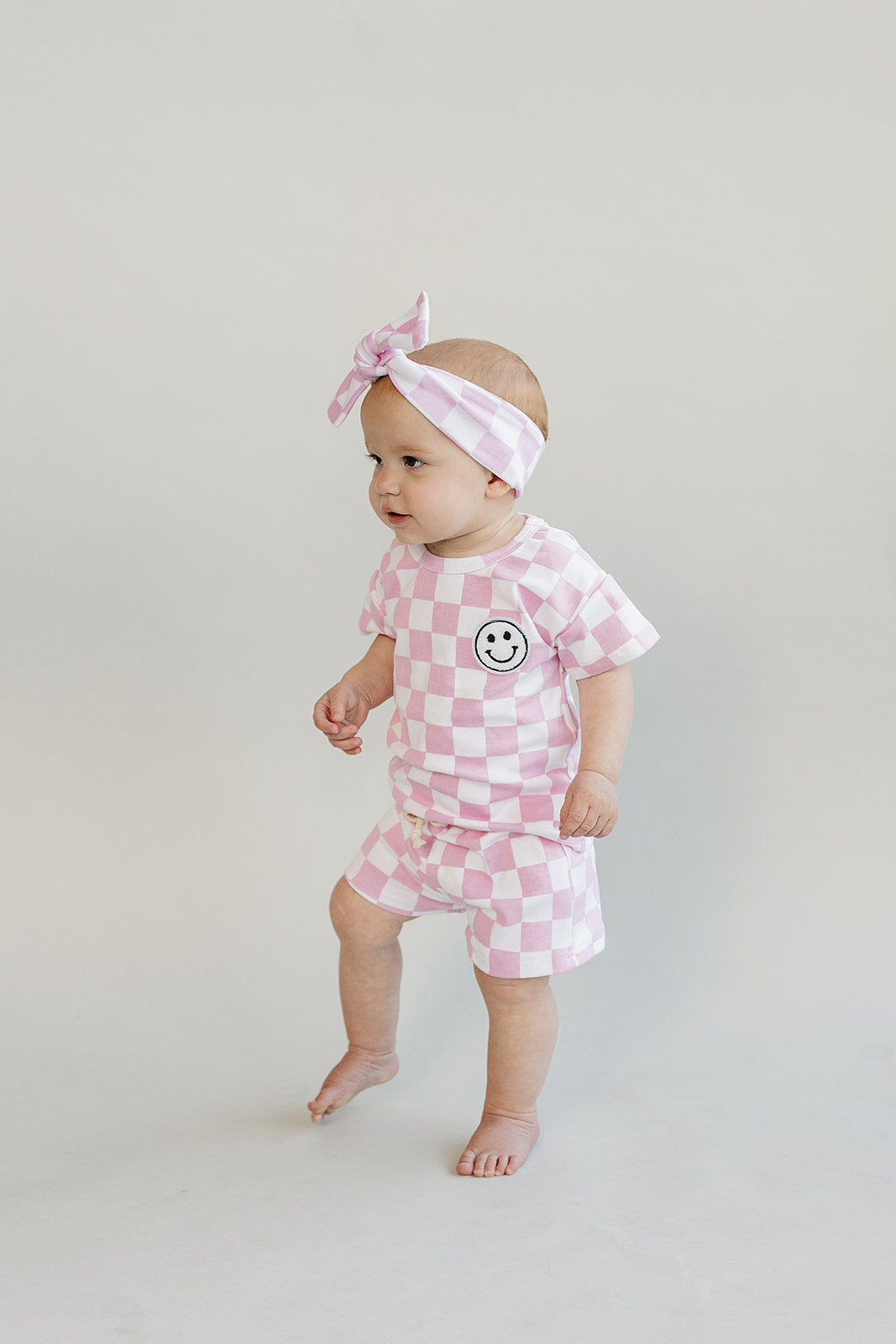 Girls Pink Checkered Shorts Set