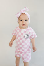 Girls Pink Checkered Shorts Set