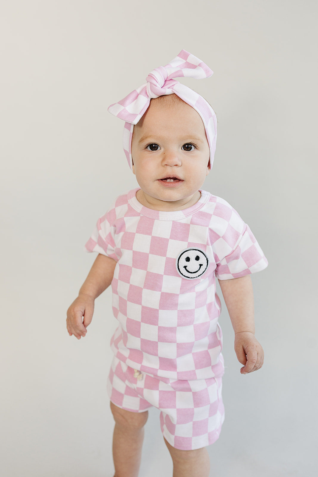 Girls Pink Checkered Shorts Set