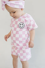 Girls Pink Checkered Shorts Set