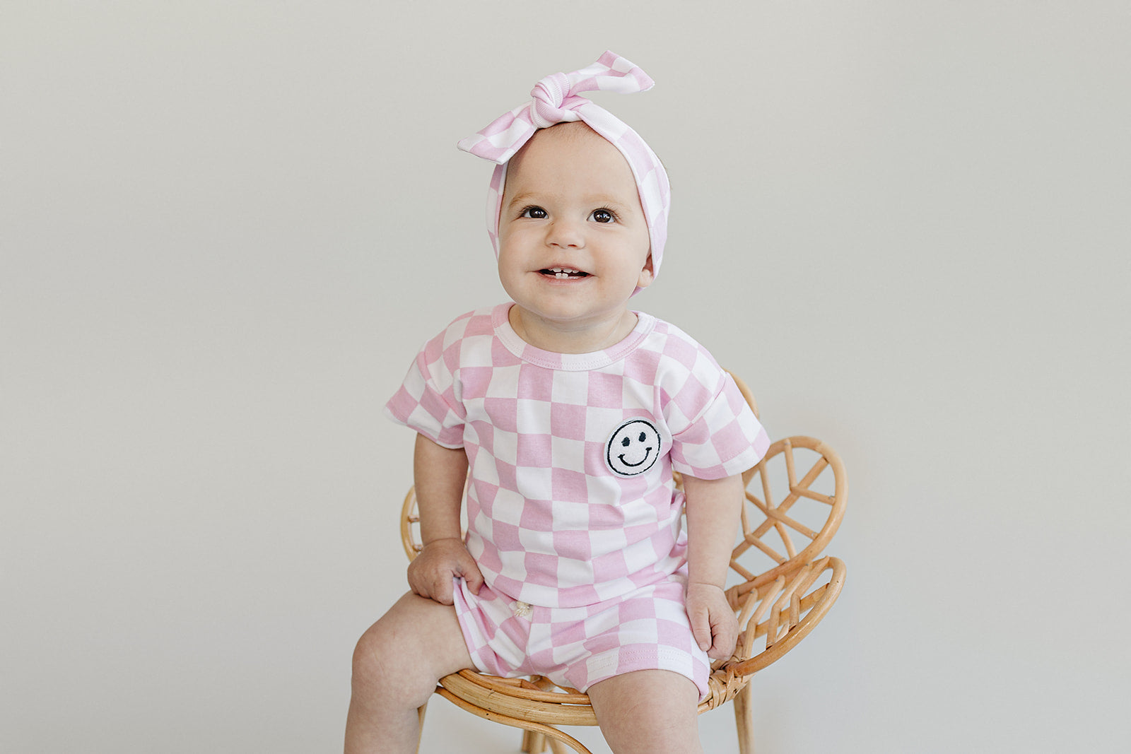 Girls Pink Checkered Shorts Set