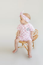 Girls Pink Checkered Shorts Set