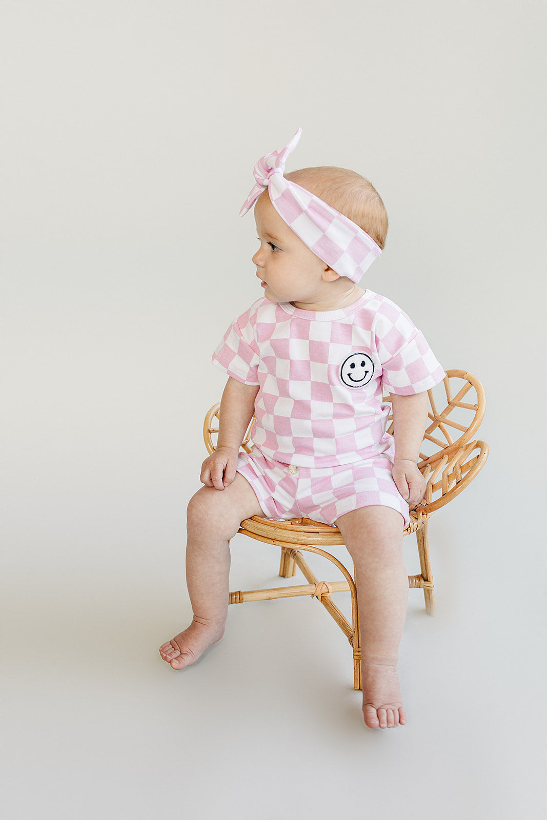 Girls Pink Checkered Shorts Set