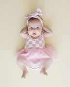 Girls Pink Checkered Tutu Romper