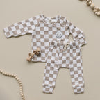 Boys Latte Checkered Smiley Lounge Set