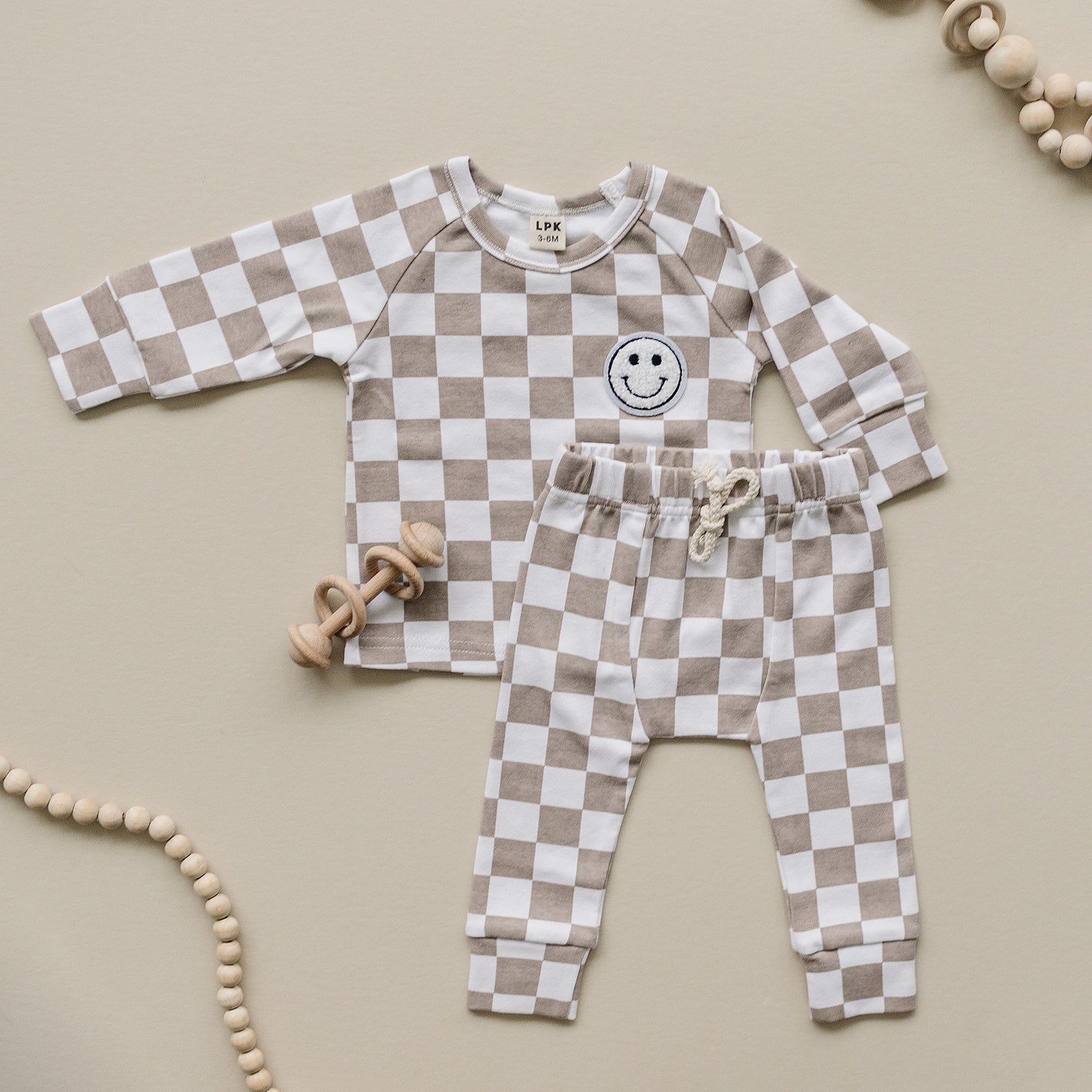 Boys Latte Checkered Smiley Lounge Set