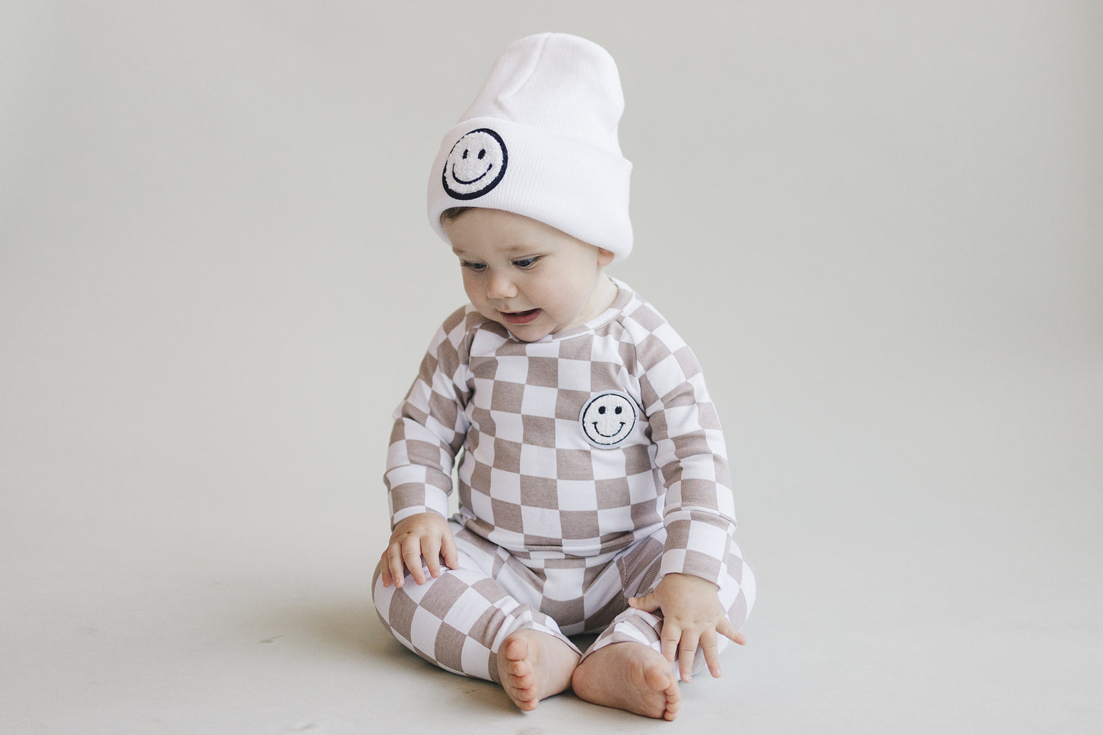 Boys Latte Checkered Smiley Lounge Set