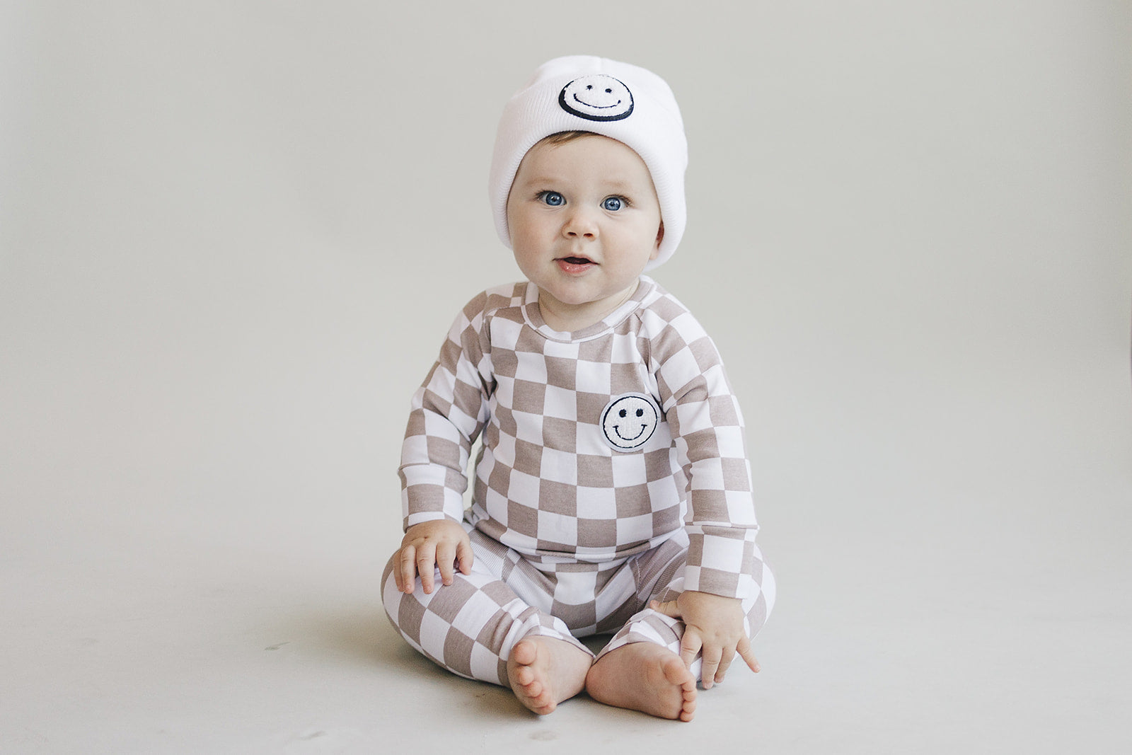 Boys Latte Checkered Smiley Lounge Set