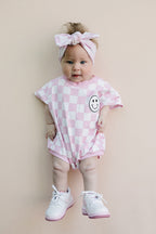 Baby Girl Pink Smiley Checkered Short Sleeve Bubble Romper