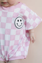 Baby Girl Pink Smiley Checkered Short Sleeve Bubble Romper