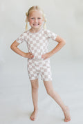 Latte Checkered Bamboo Two Piece Shorts Pajama Set