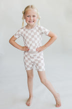 Latte Checkered Bamboo Two Piece Shorts Pajama Set