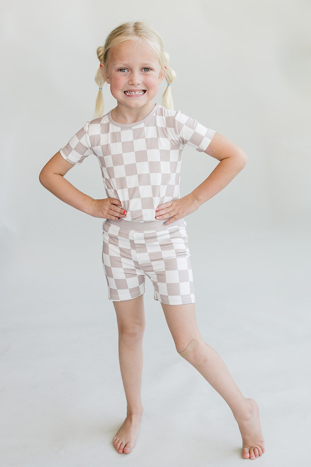 Latte Checkered Bamboo Two Piece Shorts Pajama Set