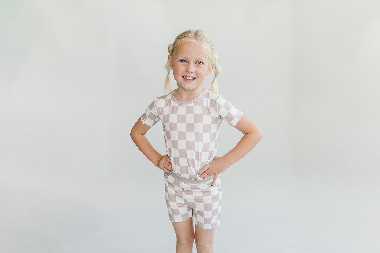 Latte Checkered Bamboo Two Piece Shorts Pajama Set