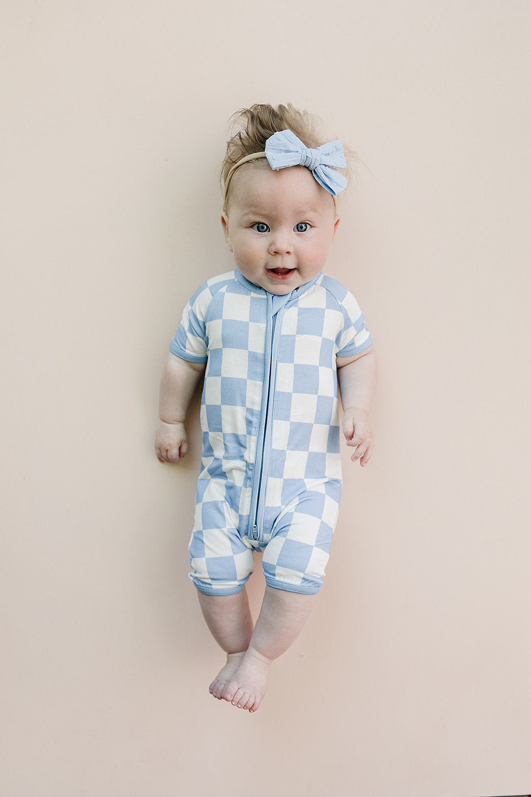 Blue Checkered Bamboo Shorty Baby Romper