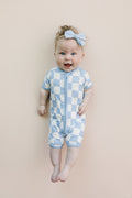 Blue Checkered Bamboo Shorty Baby Romper