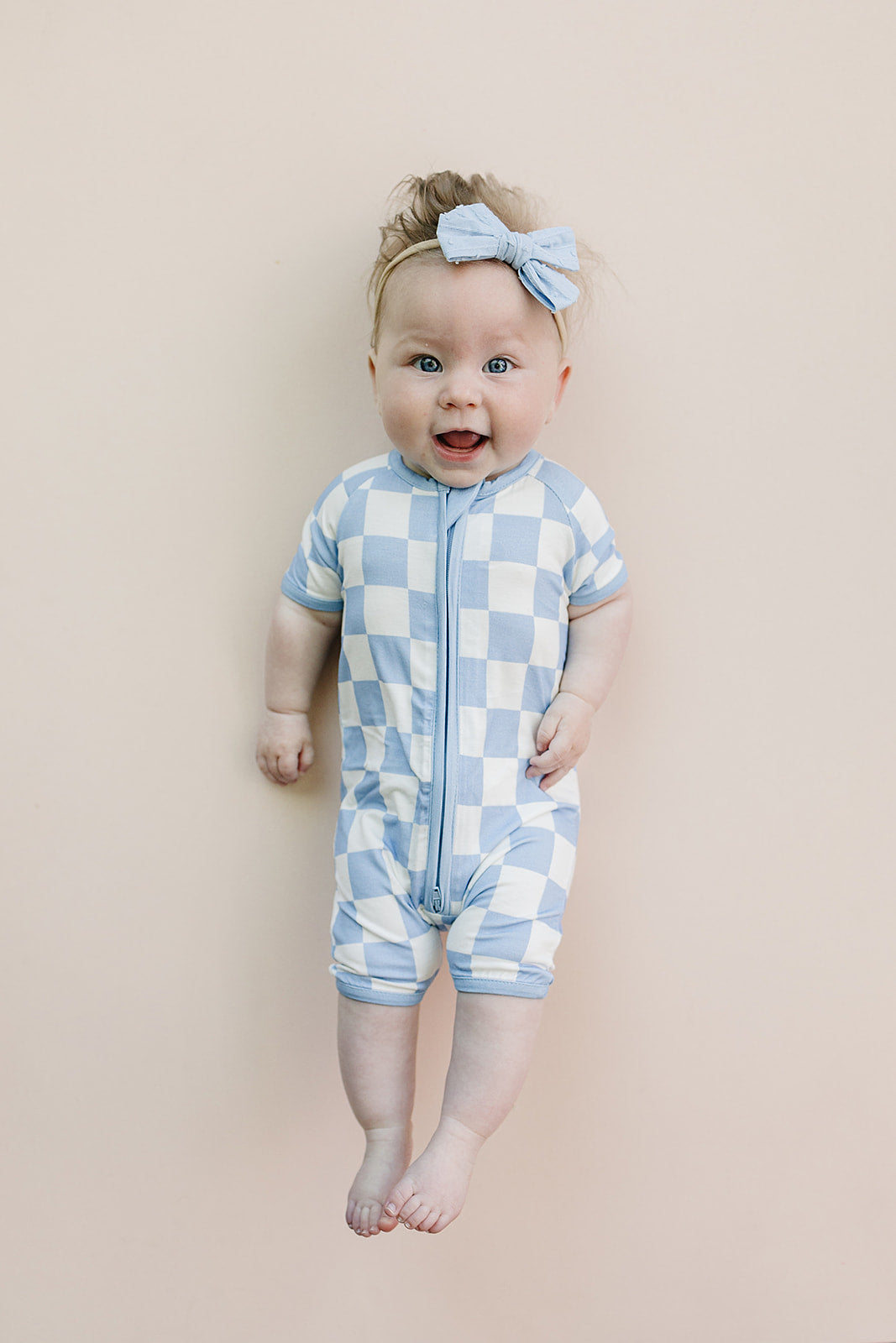Blue Checkered Bamboo Shorty Baby Romper