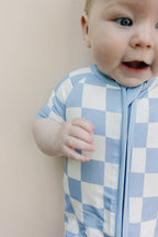 Blue Checkered Bamboo Shorty Baby Romper