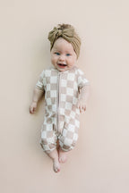 Latte Checkered Bamboo Shorty Baby Romper