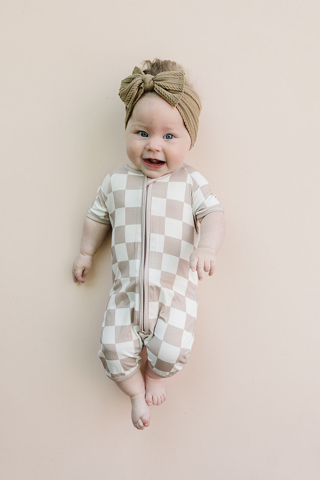 Latte Checkered Bamboo Shorty Baby Romper