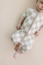 Latte Checkered Bamboo Shorty Baby Romper