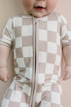 Latte Checkered Bamboo Shorty Baby Romper