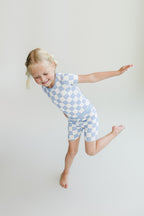Blue Checkered Bamboo Two Piece Shorts Pajama Set