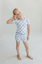 Blue Checkered Bamboo Two Piece Shorts Pajama Set