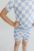 Blue Checkered Bamboo Two Piece Shorts Pajama Set