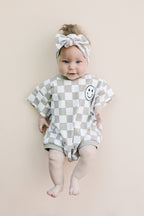 Latte Checkered Smiley Short Sleeve Bubble Romper