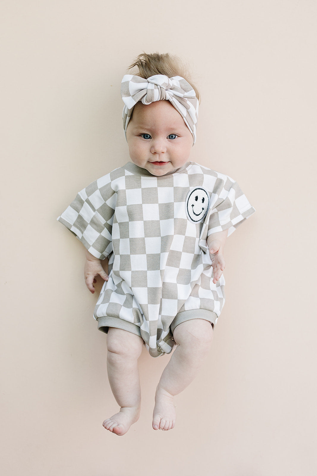 Latte Checkered Smiley Short Sleeve Bubble Romper