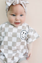 Latte Checkered Smiley Short Sleeve Bubble Romper