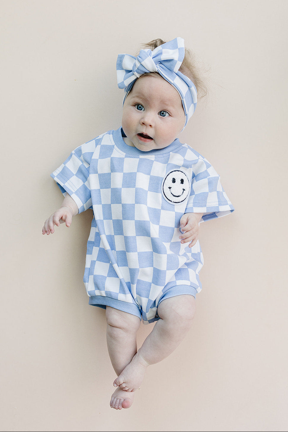Checkered Smiley Blue Short Sleeve Bubble Romper